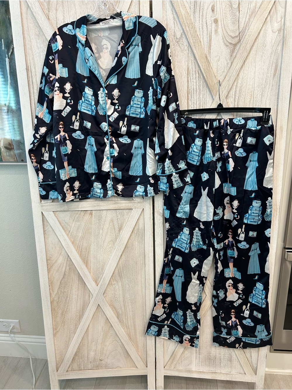 Women’s Black Pajama Set with Blue Fashion Print
